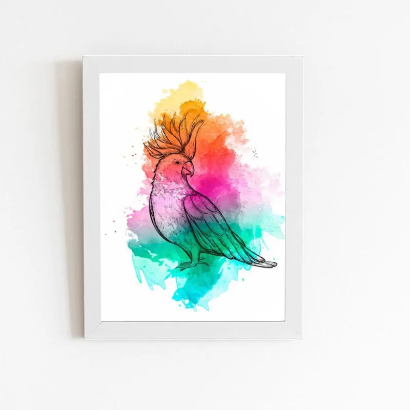 Calopsita Aquarela Pássaro Ave Quadro Moldura Branca 60X40Cm