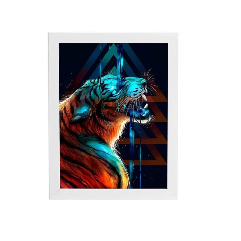 Tigre Azul Desenho Animais Quadro Moldura Branca 60X40Cm