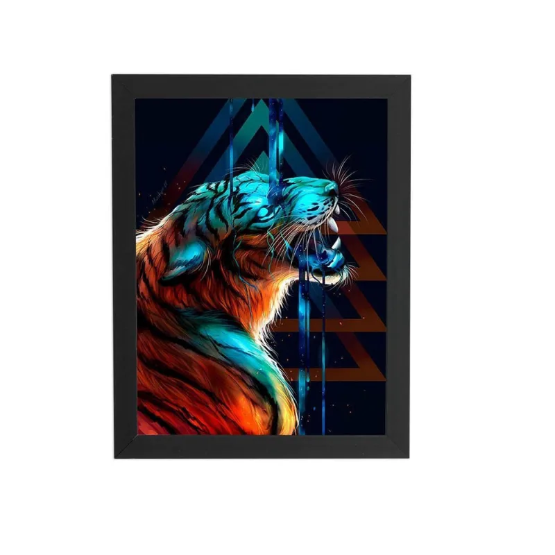 Tigre Azul Desenho Animais Quadro Moldura Preta 60X40Cm