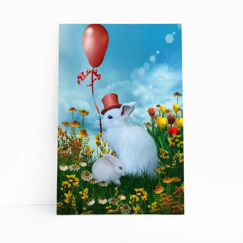 Coelhos Brancos Arte Balão Vermelho Quadro Canvas 60X40Cm