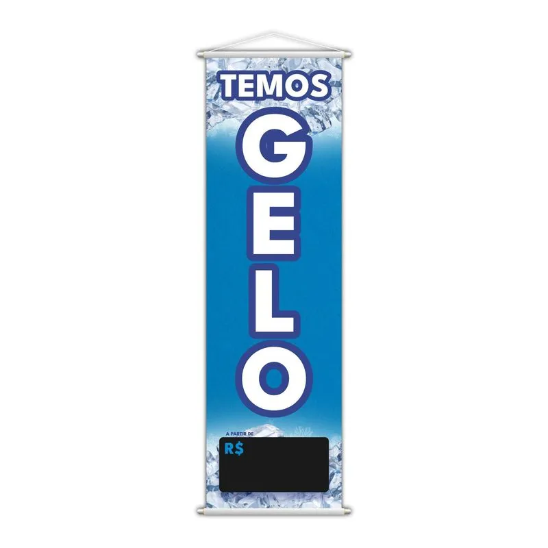 Banner Temos Gelo Preço Fundo Preto Serviço Lona 100x30cm