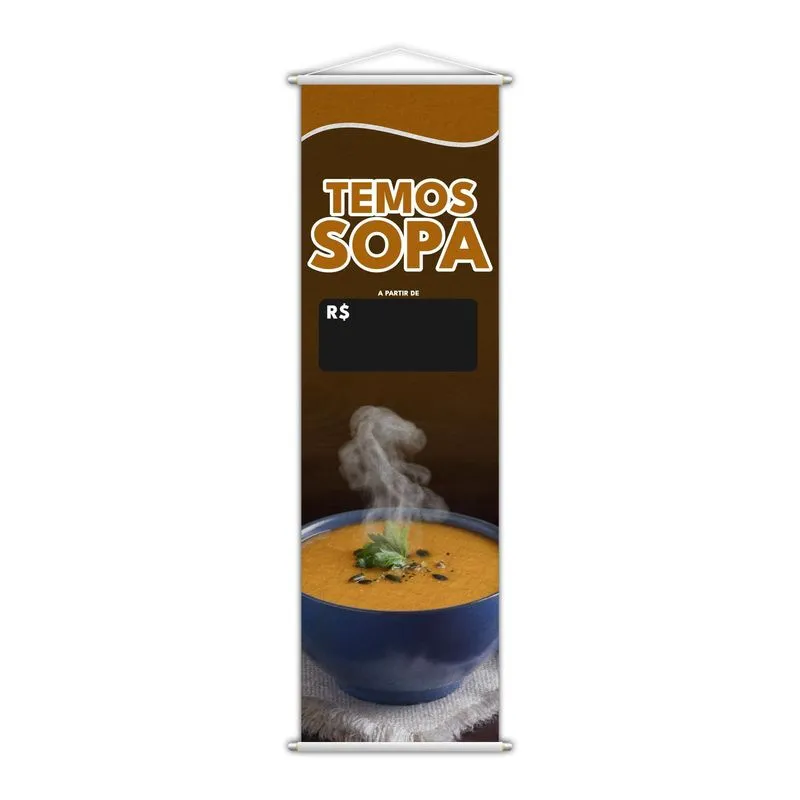 Banner Temos Sopa Restaurante Preço Preto Lona 100x30cm