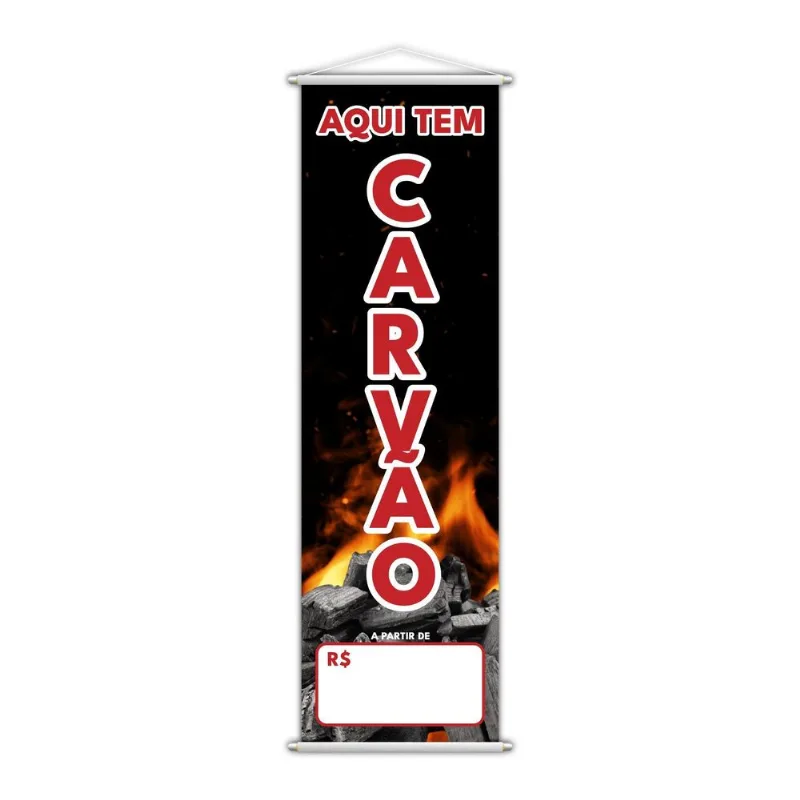 Banner Aqui Tem Carvão Preço Fundo Branco Lona 100x30cm