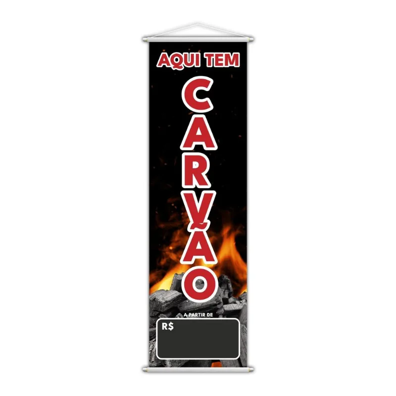 Banner Aqui Tem Carvão Preço Fundo Preto Lona 100x30cm