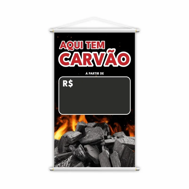 Banner Aqui Tem Carvão Preço Fundo Preto Lona 60x40cm