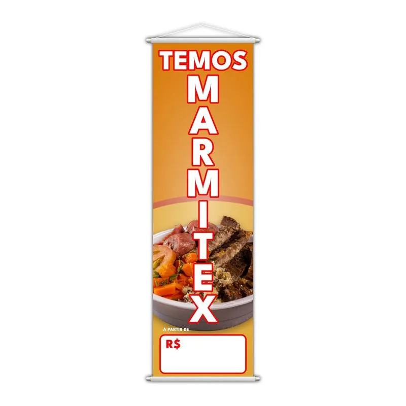 Banner Temos Marmitex Preço Fundo Branco Comida 100x30cm