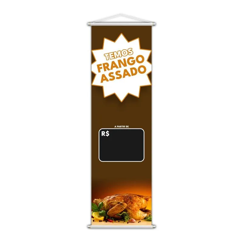 Banner Temos Frango Assado Preço Fundo Preto 100x30cm
