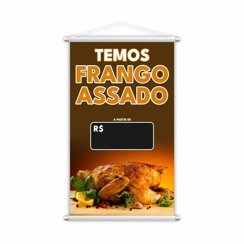 Banner Temos Frango Assado Preço Fundo Preto 80x50cm