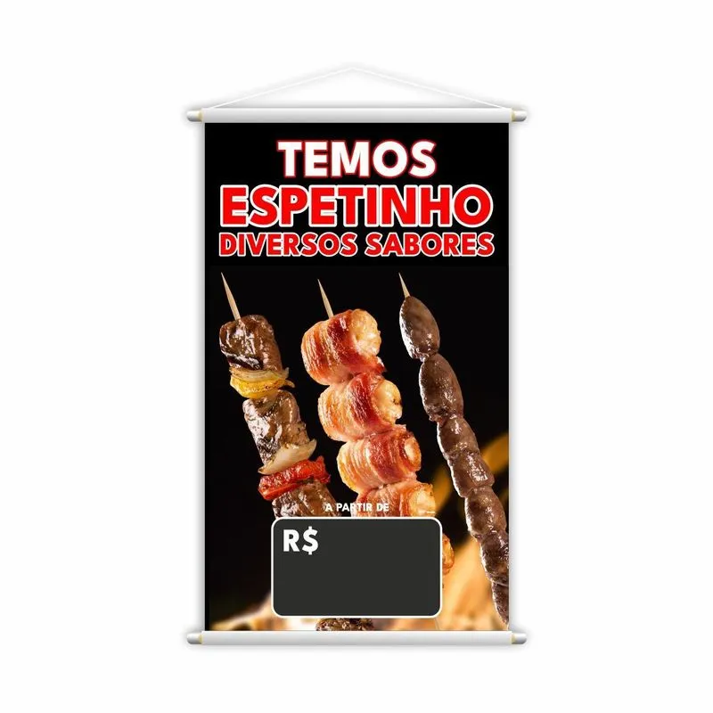 Banner Temos Espetinho Sabores Preço Fundo Preto 80x50cm