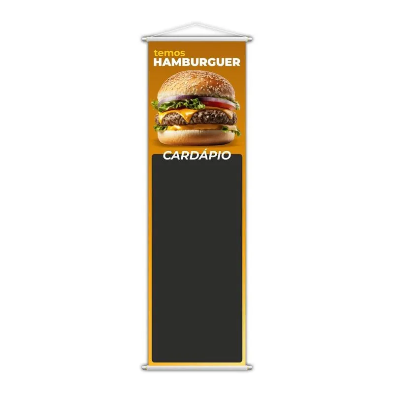 Banner Temos Hambúrguer Lanche Cardápio Fundo Preto 100X30Cm