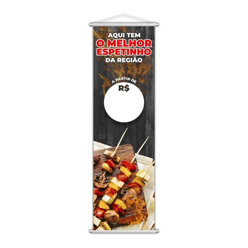 Banner Melhor Espetinho Carne Preço Fundo Branco 100x30cm