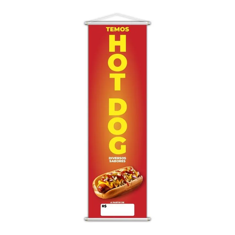Banner Temos Hot Dog Diversos Sabores Lanche Preço 100X30Cm
