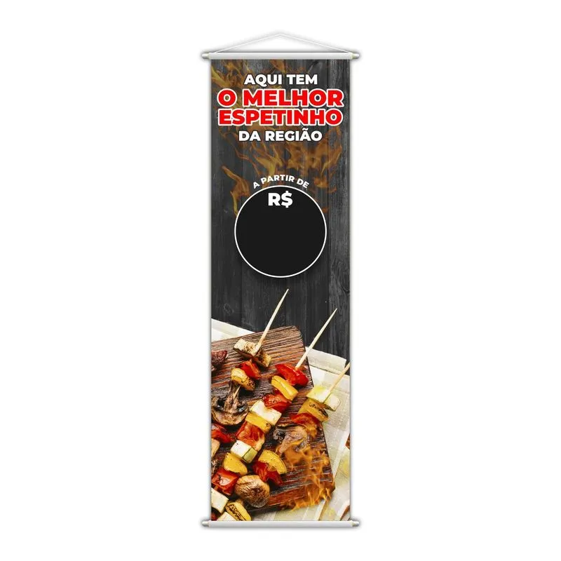 Banner Melhor Espetinho Carne Preço Fundo Preto 100x30cm