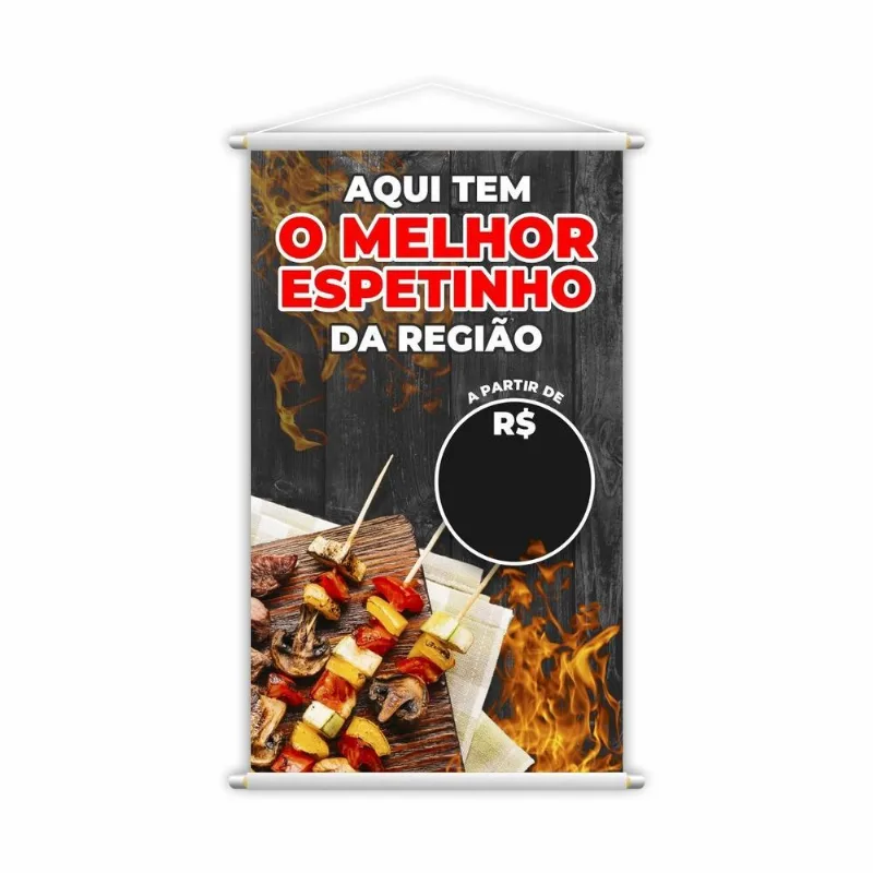 Banner Melhor Espetinho Carne Preço Fundo Preto 80x50cm