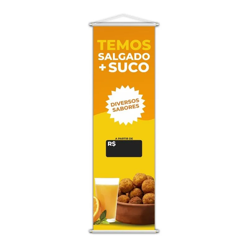 Banner Temos Salgado E Suco Preço Diversos Sabores 100x30cm