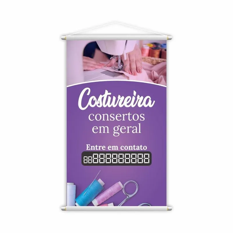 Banner Costureira Consertos Em Geral Contato Roxo 60x40cm