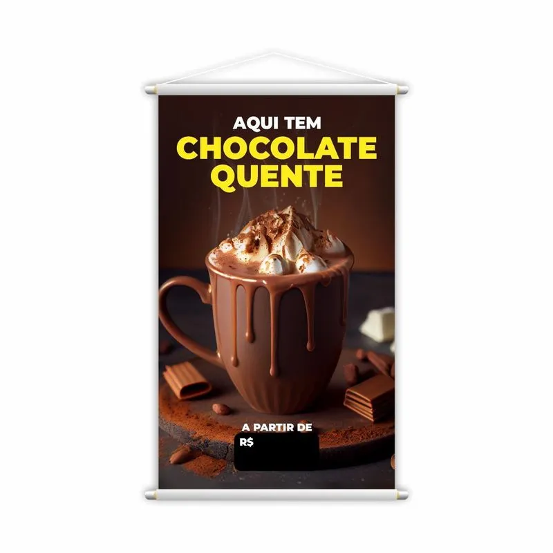 Banner Aqui Tem Chocolate Quente Preço Preto Lona 80x50cm