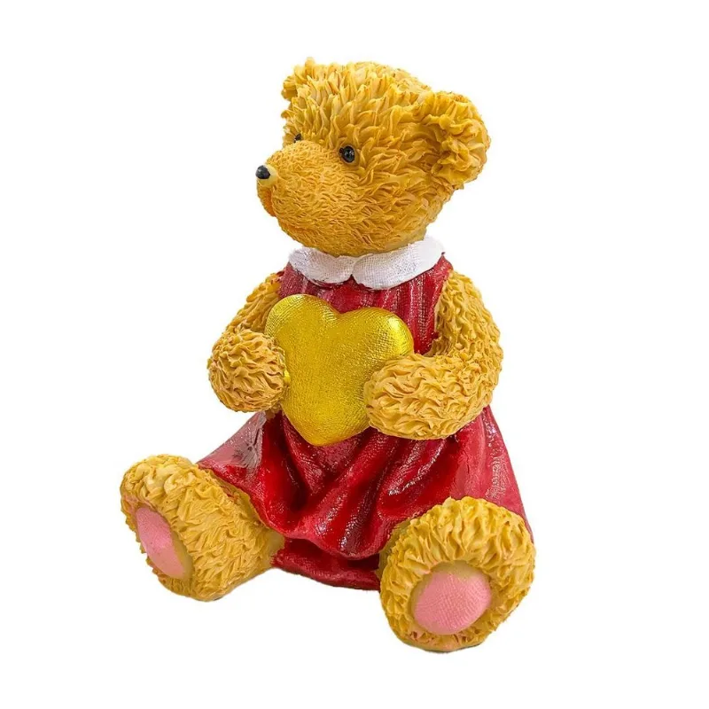 Escultura Urso Resina Menina Coração Sentado 13cm