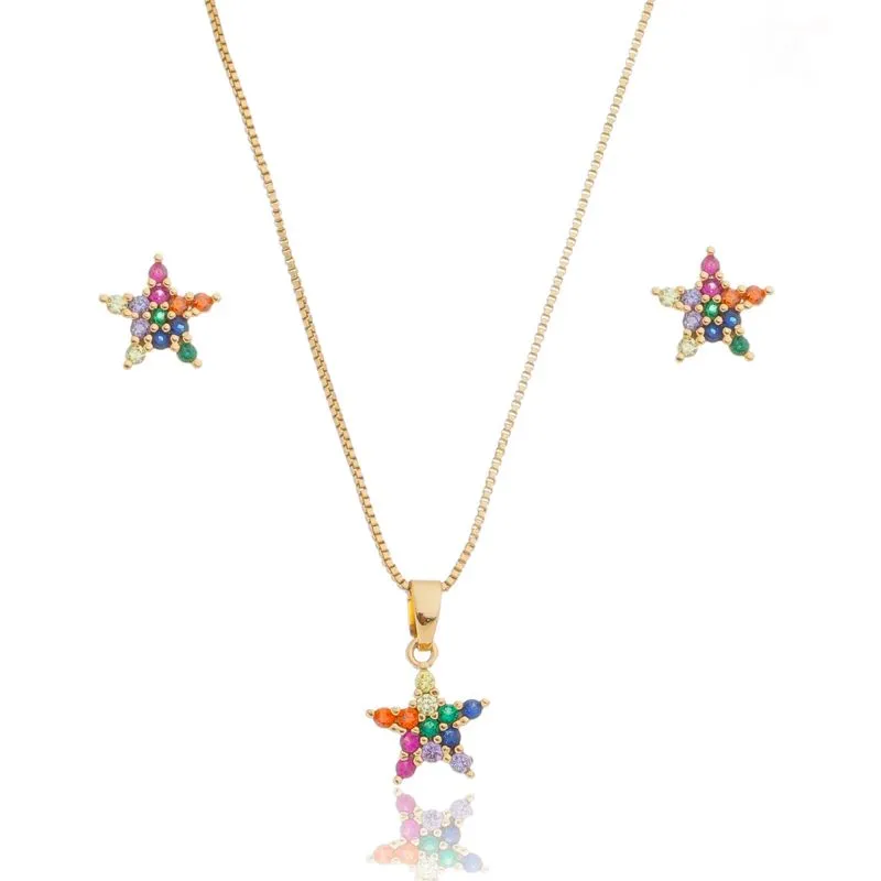 Conjunto Banhado A Ouro 18k Estrela Com Zircônias Coloridas Pequeno