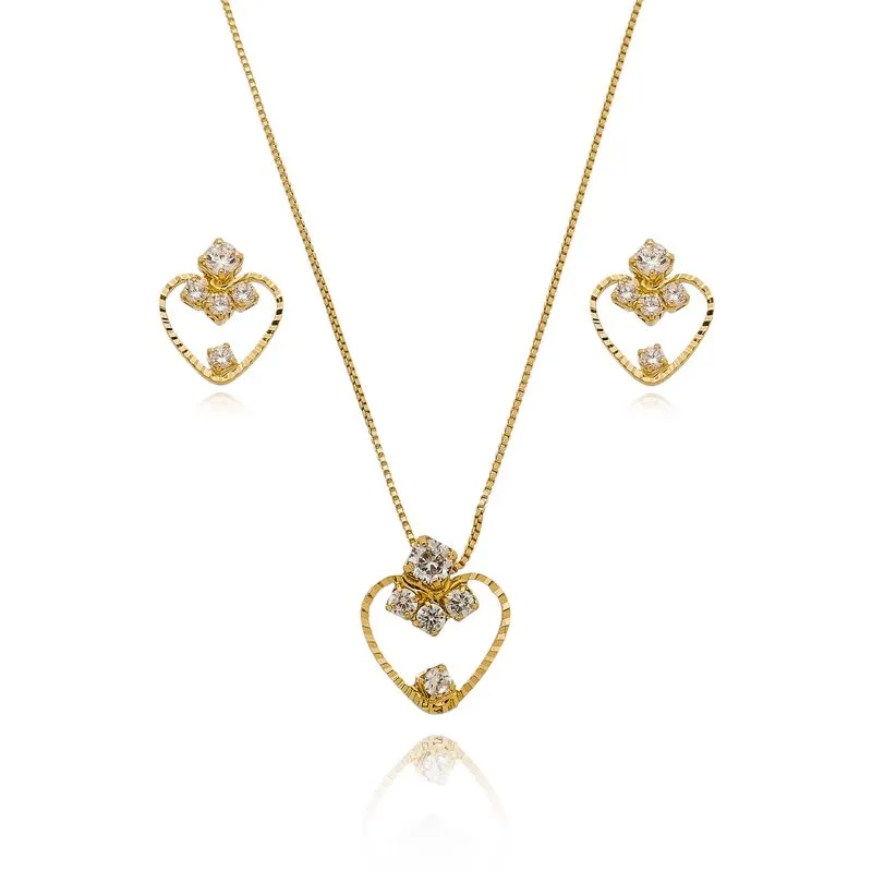 Conjunto Banhado A Ouro 18k Coração Com Zircônias