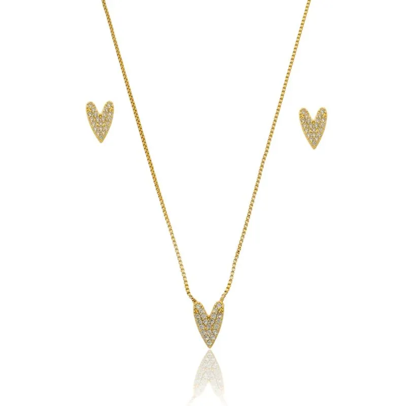 Conjunto Banhado A Ouro 18k Coração Cravejado 45cm