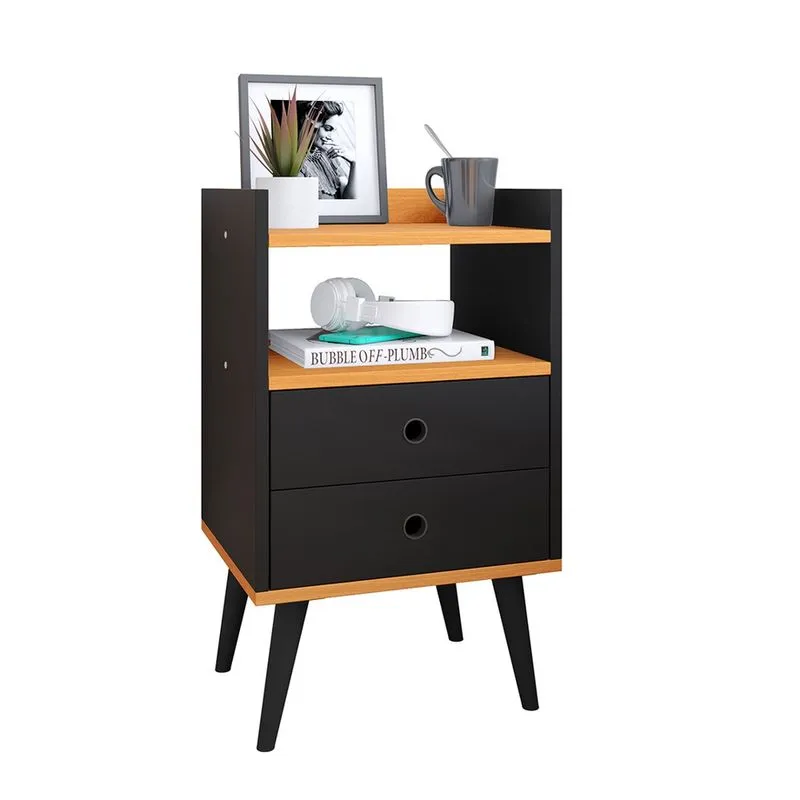 Mesa de Cabeceira Mesinha Decorativa Quarto Com Nicho e 2 Gavetas Retrô Dream Plus - Preto/Cinamomo - Lojas rpm