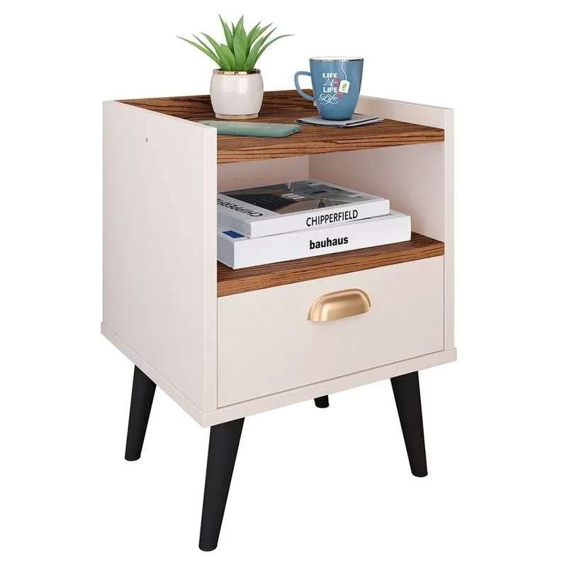 Mesa de Cabeceira Nicho Mesinha Quarto 1 Gaveta Puxador Concha Lauren Estilo Retrô - Off White/Freijó - Lojas rpm