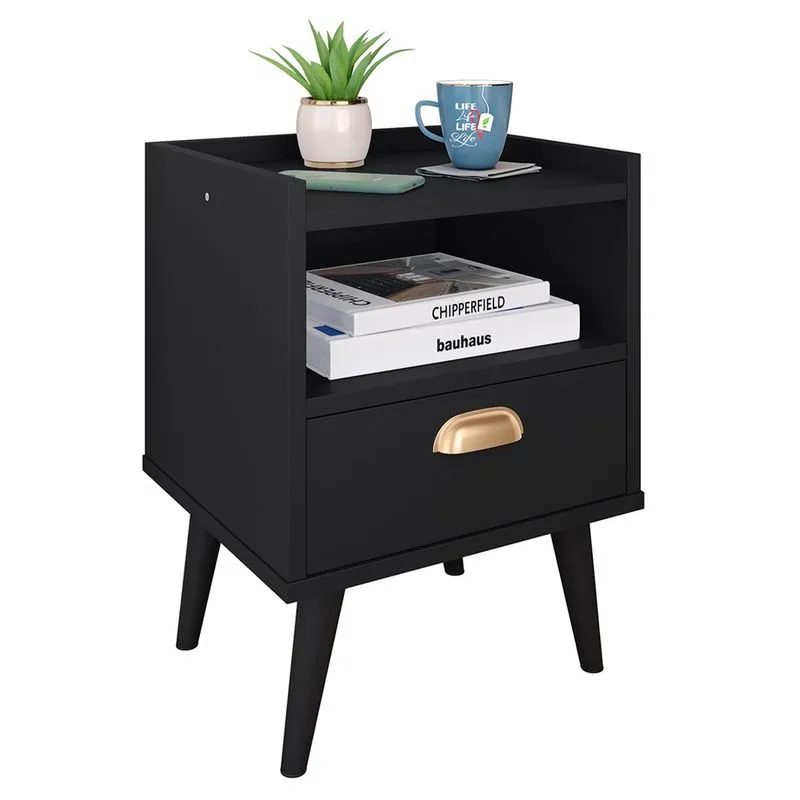 Mesa de Cabeceira Nicho Mesinha Quarto 1 Gaveta Puxador Concha Lauren Estilo Retrô - Preto - Lojas rpm