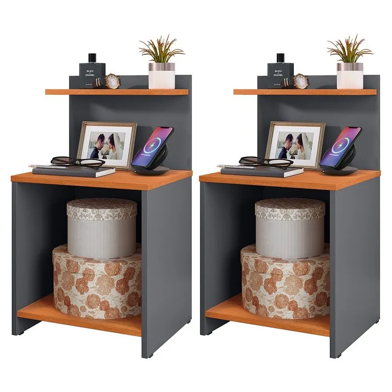 Conjunto 2 Mesinhas Lateral Cama Nicho Decoração Mesa Cabeceira Prateleira Suspensa Organizadora Quarto-Cinza/Cinamomo- rpm Móveis