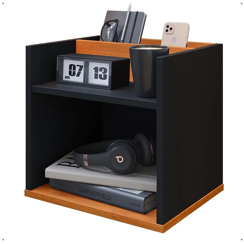 Mesa de Cabeceira Suspensa Madri Divisória Organizadora Nicho Mesinha Decorativa Quarto Casal Solteiro - Preto/Cinamomo - rpm Móveis