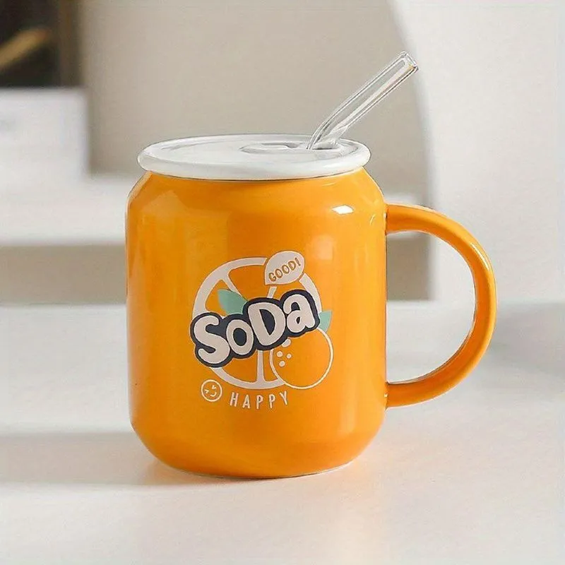 Caneca De Cerâmica Com Canudo Refrigerante Soda Cola 380ml Laranja