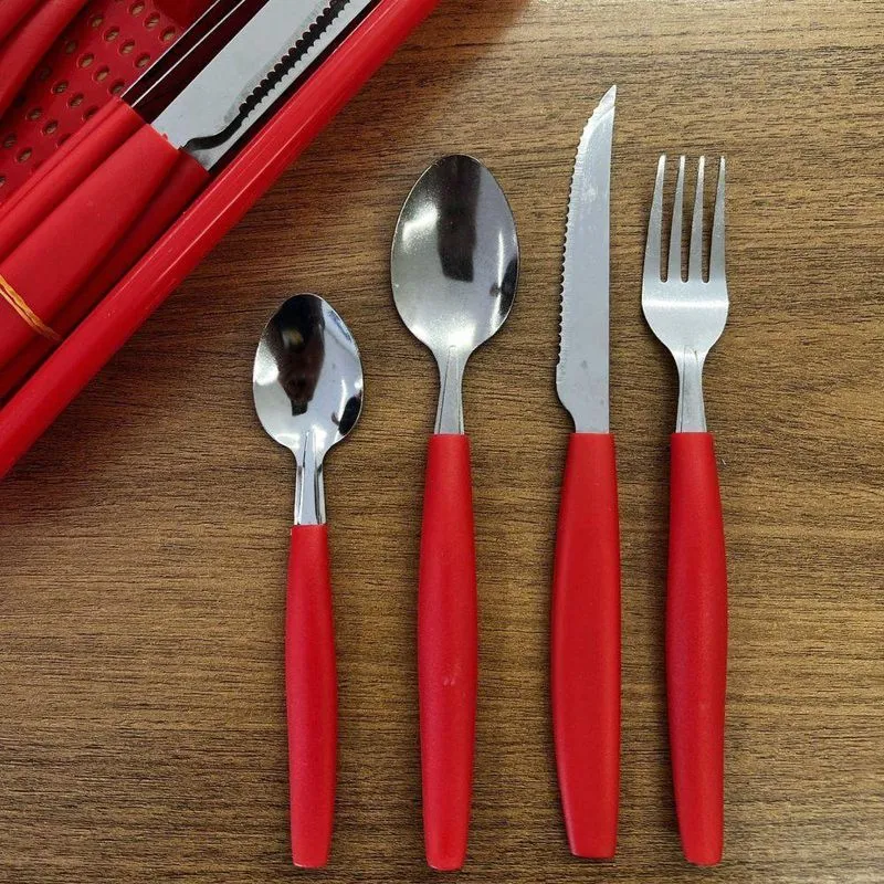 Jogo Faqueiro Inox 25 Peças Cabo Vermelho Gaveteiro Prático