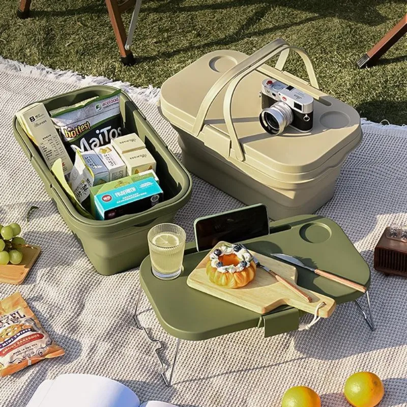 Cesta Picnic Piquenique Dobravel Tampa Vira Mesa Bege Top