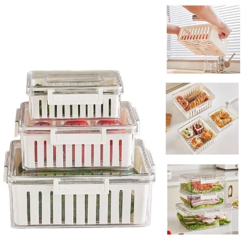 Kit 3 Potes Herméticos Fresh Box em Acrílico com Cesta Escorredor Transparente Yeet