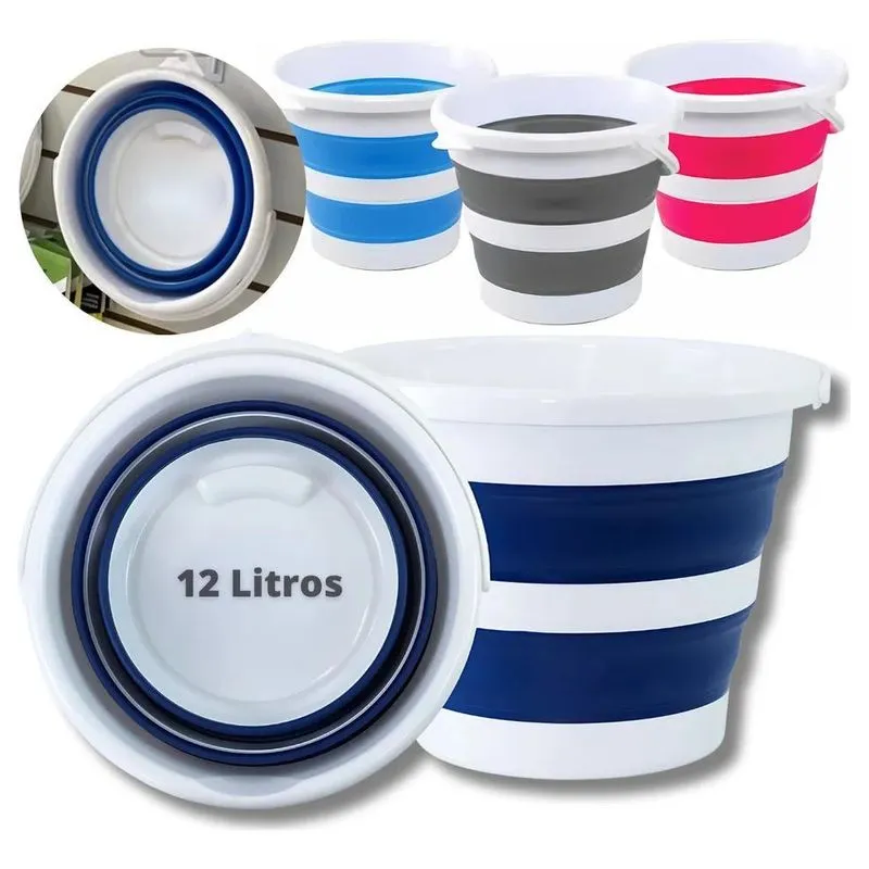 3x Balde Retrátil 12 Litros Dobrável Flexível Com Gancho Pre