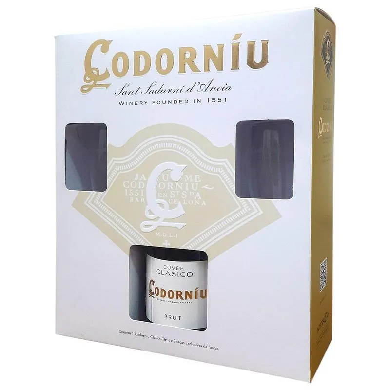 Kit Espumante Cava Codorniu Brut Clasico 750ml Com 2 Taças