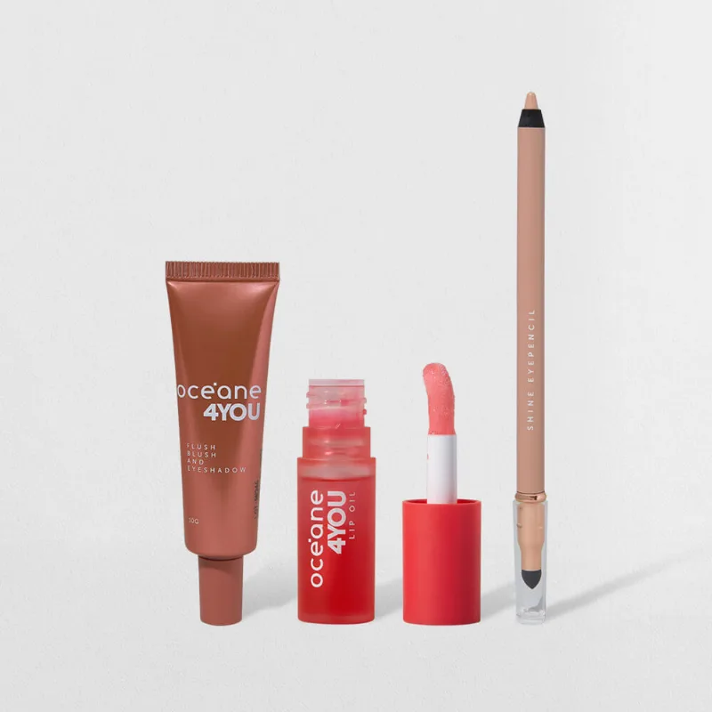 Kit Lápis para Olhos Bege + Lip Oil Rosa + Blush Líquido Coral 4you (3 Produtos)