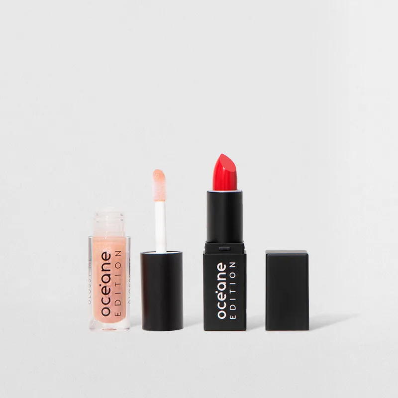 Kit Mini Batom Vermelho Semi-Matte + Mini Brilho Labial Transparente Océane Edition (2 Produtos) - Océane