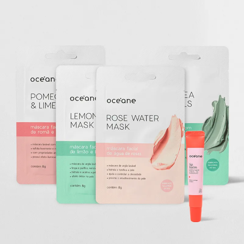 Kit Hidratante Labial de Morango + 4 Máscaras Faciais Diversas (5 Produtos)