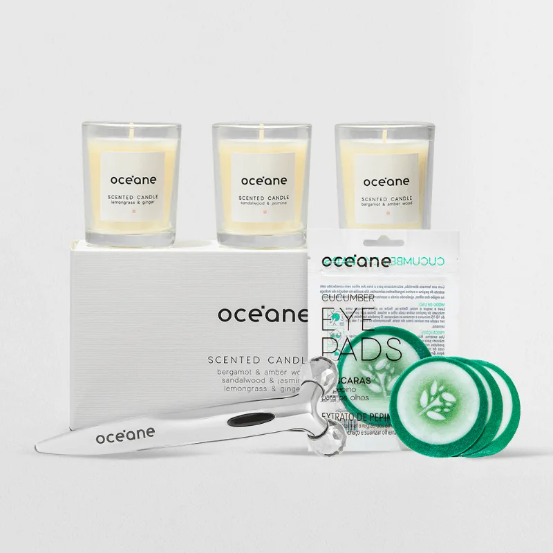 Kit Meu Momento - Máscara para Olhos de Pepino + Massageador Facial 3d + 3 Velas Perfumadas