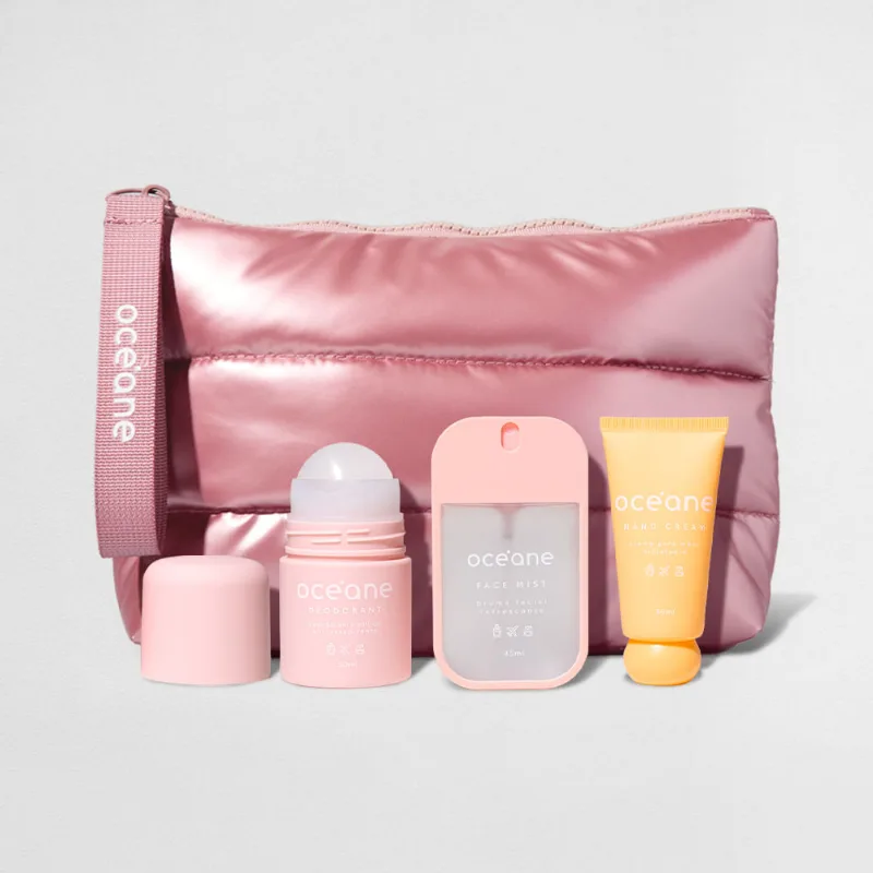 Kit Nécessaire Puffer + Desodorante + Creme para Mãos + Bruma Facial Travel (4 Produtos)