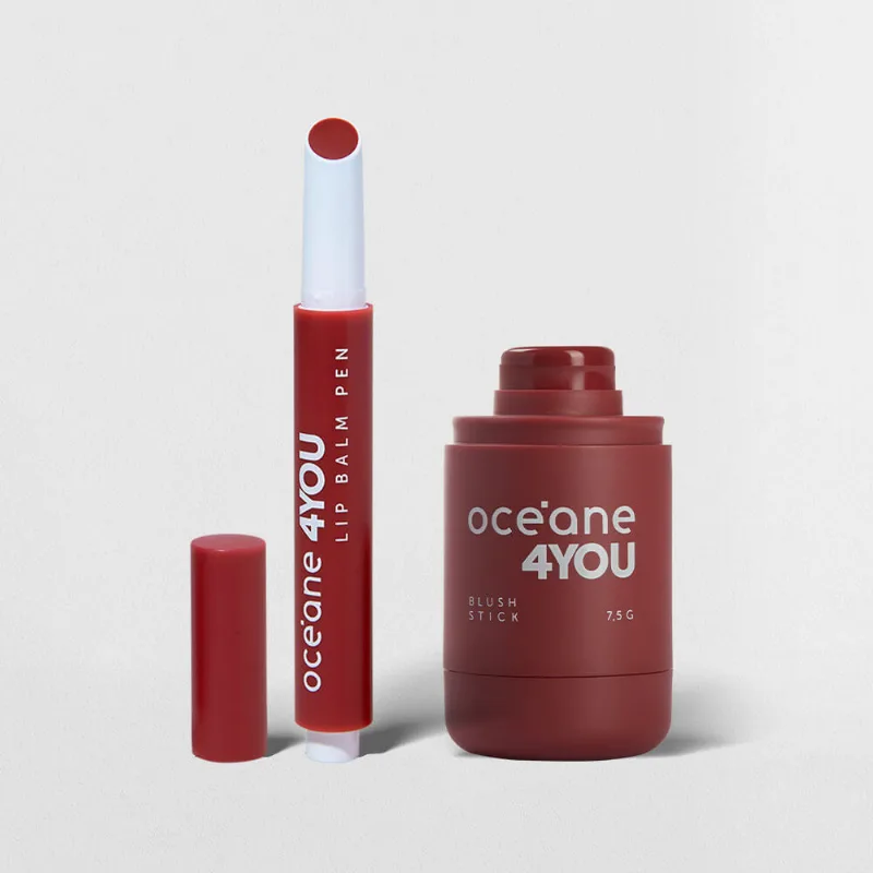 Kit Blush em Bastao Vinho + Hidratante Labial Vermelho Océane 4you - Océane