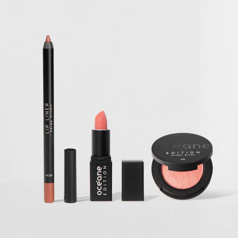 Kit Mini Batom Rosa + Mini Blush Cintilante + Lápis de Contorno Labial Océane Edition (3 Produtos) - Océane