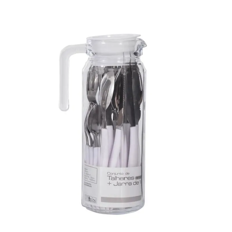Conjunto Jarra 1 Litro Vidro Com Talheres Branco 25 Peças