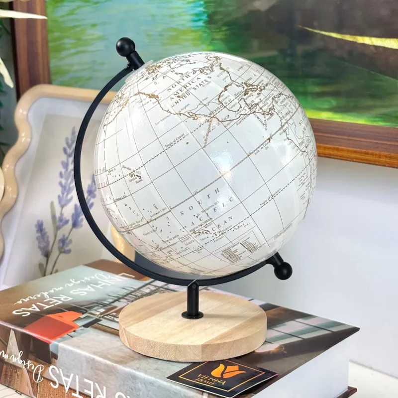 Globo Terrestre Giratorio Decorativo Branco/Preto 20cm
