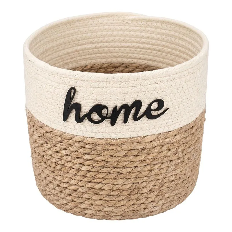 Cesto Home Natural E Branco 26x26cm Rattan Tecido - Mai Home