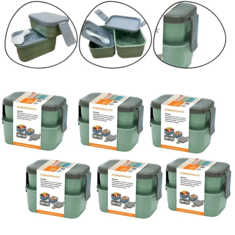 Kit 6 Marmita Prática 2 Andares Com Divisória E Colher Verde