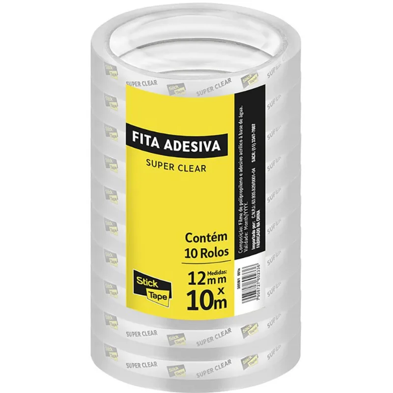 Fita Adesiva PP Transparente Super Clear 12mm x 10m Stick Tape - PT 10 UN
