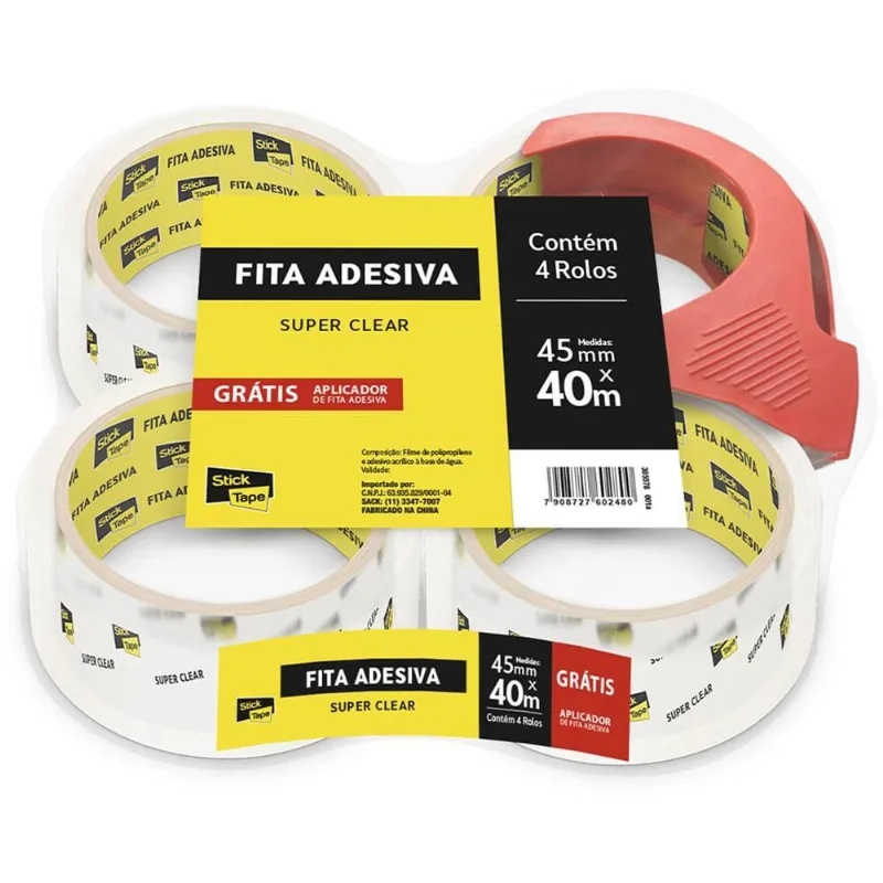 Fita Adesiva Transparente Super Clear de Empacotamento com Aplicador Grátis 45mm x 40m Stick Tape - pt 4 un