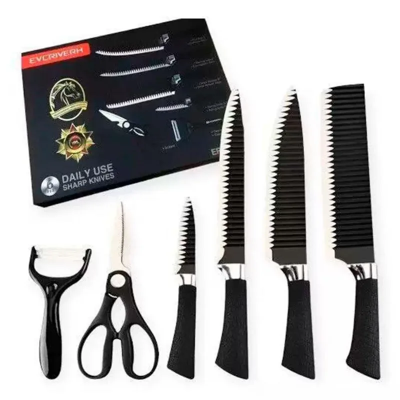 Kit Facas Cozinha Premium Inox 6 Peças Descascador Tesoura